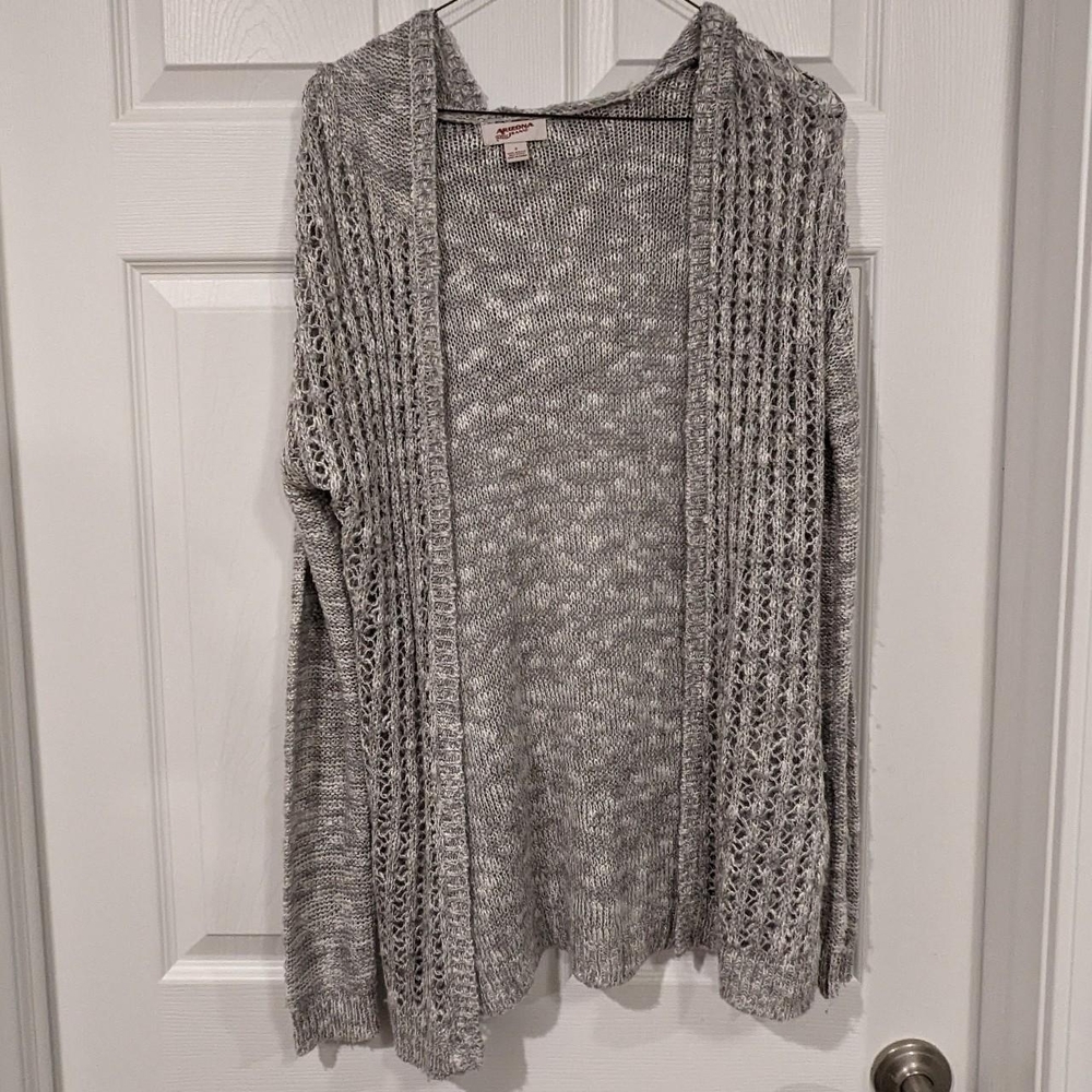 Grey and white open knit crochet hooded cardigan sweater